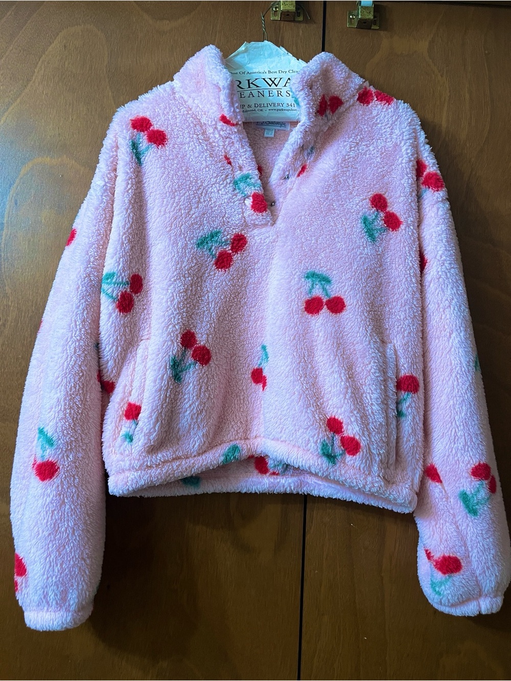 P.J. Salvage Pink Sherpa Pullover with Red Cherry Print